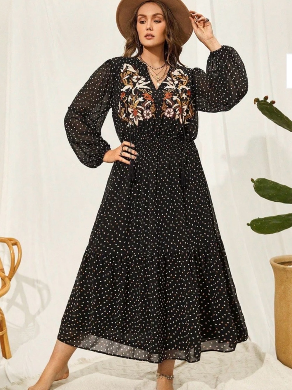 Rustty Dustty Black Long Sleeve Embroidered Midi Dress